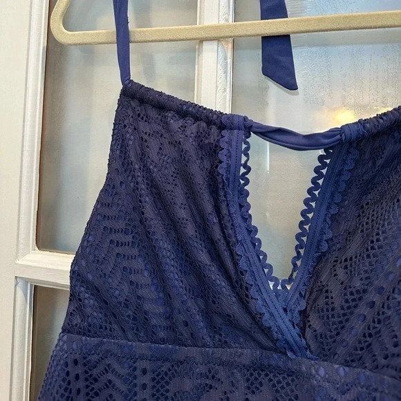 Becca Rebecca Virtue Navy Crochet Halter Top Swimsuit Tankini Size 0X 14/16 - Picture 6 of 10